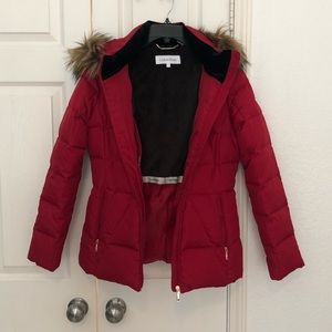 Red Down Jacket with Fur Hood